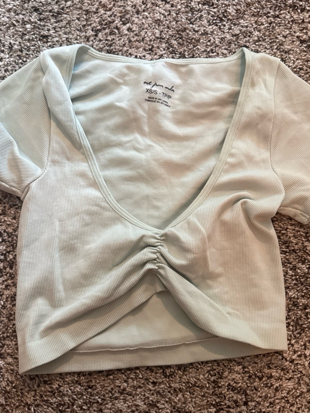 Urban Outfitters Ribbed Ruched V-Neck Crop Top - Light Mint